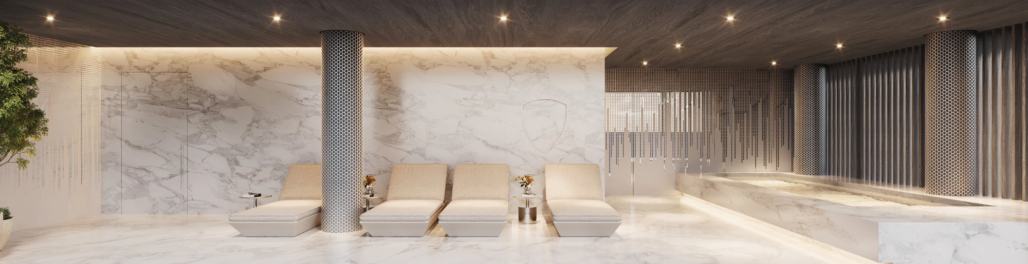 SPA внутри здания: шезлонги, светлая отделка под камень и мягкое освещение